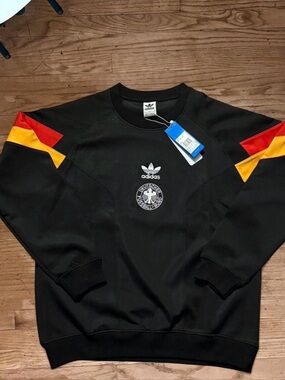 adidas retro Black Crewneck training Sweater with Red & Yellow Sleeve Chevrons